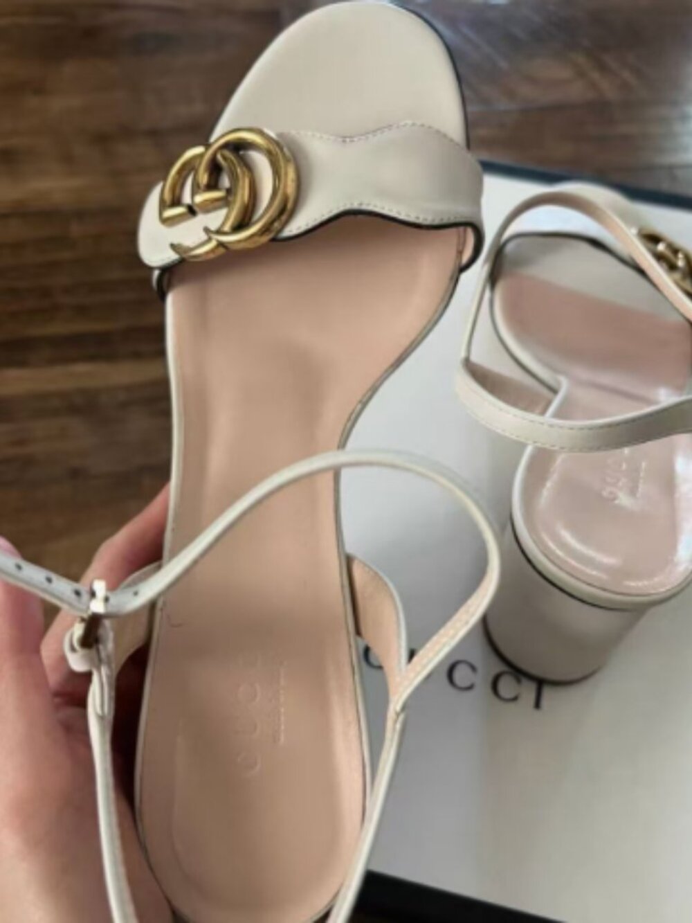 Gucci White Leather GG Logo Block-Heel Sandals - Picture 5 of 7